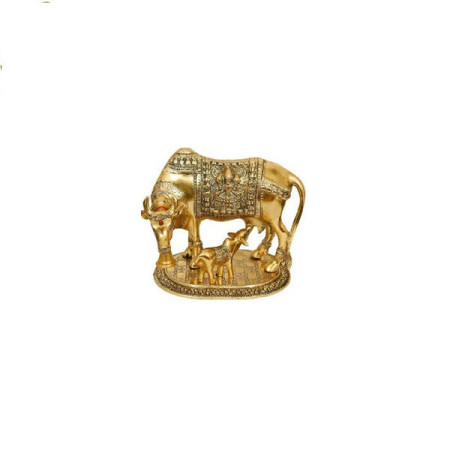 Golden Kamadhenu With Calf Idol Statue (15 cm Metal, Gold)