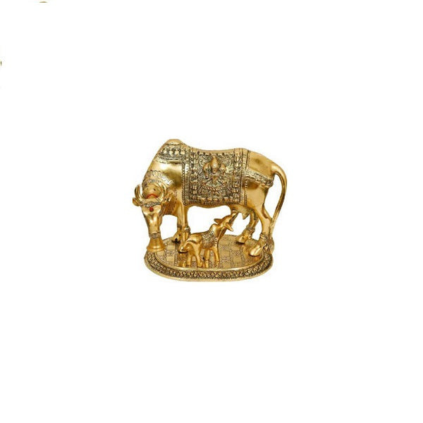 Golden Kamadhenu With Calf Idol Statue (15 cm Metal, Gold)